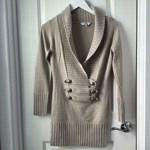 Deep V Beige Sweater Dress With Buttons
